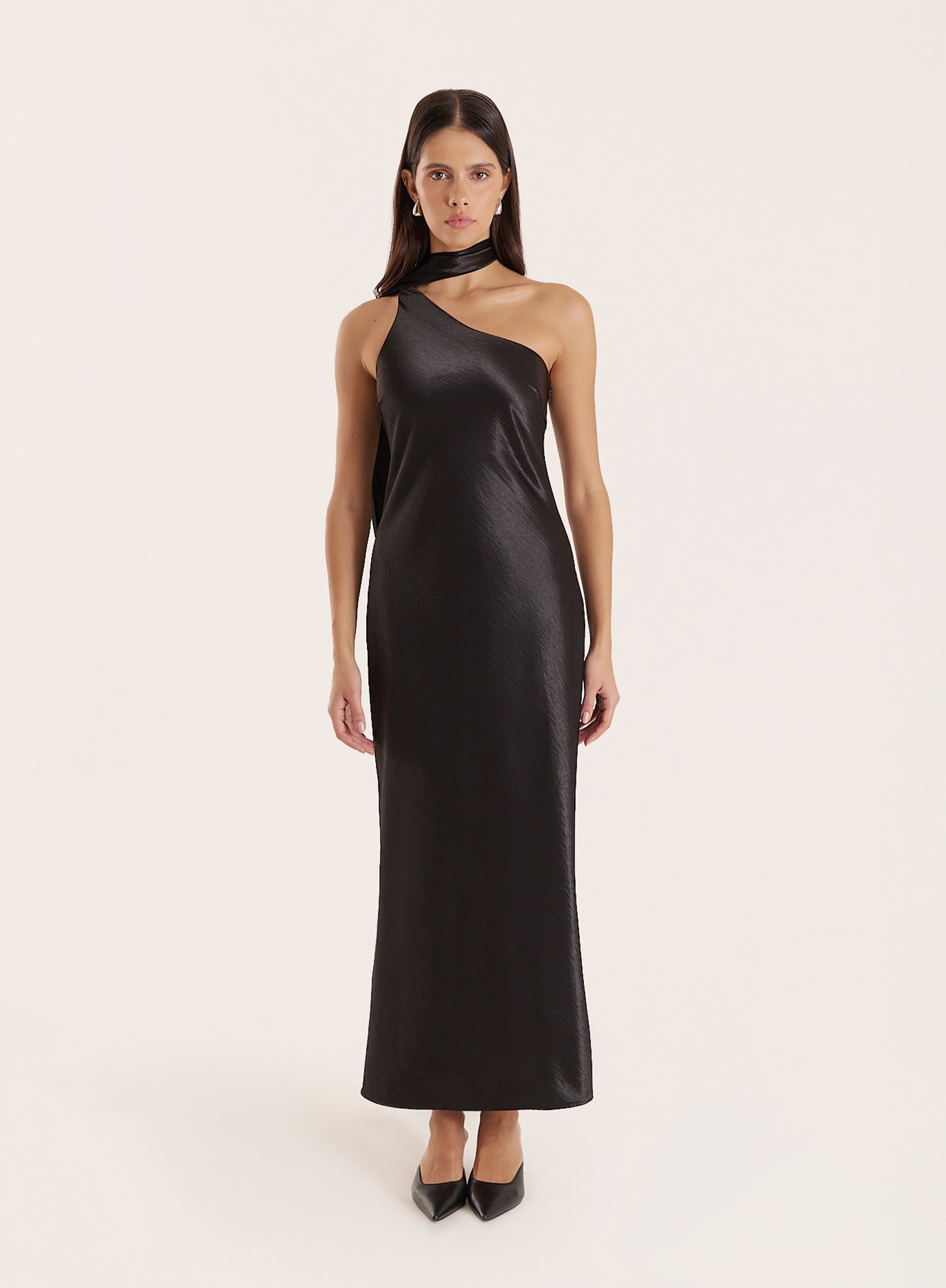 Black Satin One Shoulder Scarf Neck Maxi Dress